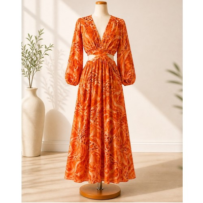 #ad Steps New York Orange Abstract Print Maxi Dress Cutout Long Sleeve Boho Women M $54.01