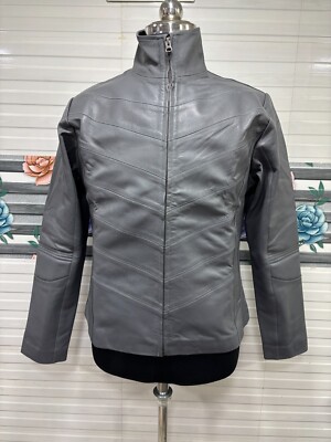 Women's 100% Real Leather Gray Jacket Soft Lambskin V Shape Designer Look Jacket