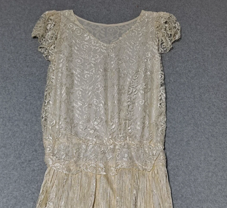 Vintage Flapper Dress Woman Small Ivory Fringe Lace Coquette Fairy Wedding Prom - Image 4 of 4