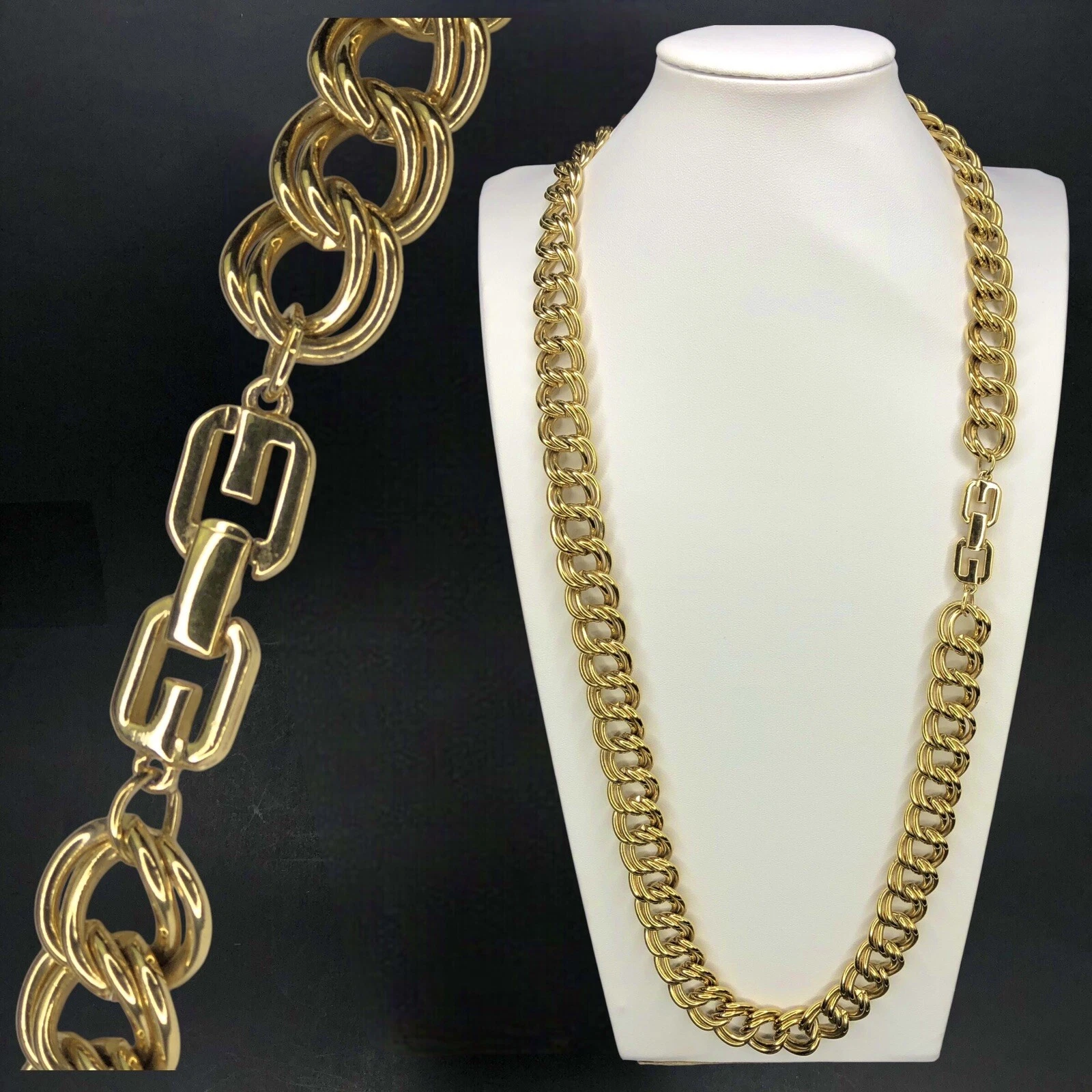 Collana vintage anni 80 pesante grossa catena Givenchy 31" tono oro cubana doppia legatura