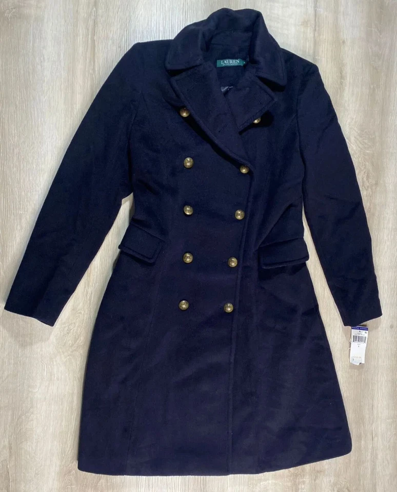 Nuevo con etiquetas Abrigo Polo Ralph Lauren Mujer Azul Marino 2 Lana Doble Pecho Militar Maxi $299