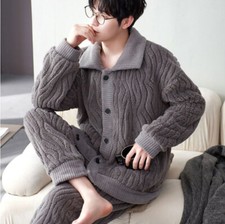 UK Stock Men Warm Flannel Fleece Pajamas Set Top and Pants Nightwear Sleepwear