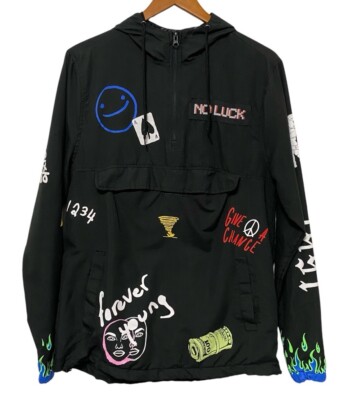 Rue 21 No Luck Forever Young Graphic Hoodie Anorak Windbreaker Jacket Mens  Small