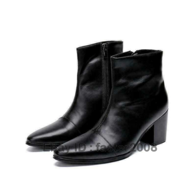 Men Zip Pointy Toe Cuban Heel Real Leather Chelsea Ankle Boots