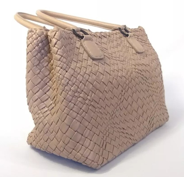 Falor Woven Italian Leather Large Handbag Double Zip Beige Light Brown