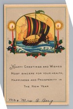 Viking Ship New Year Greetings Mr & Mrs Berg Vintage Postcard