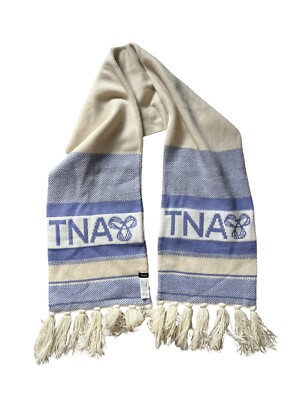 TNA aritzia Knit Scarf Warm Beige Blue SPELL OUT BIG LETTER NICE Cozy Soft  