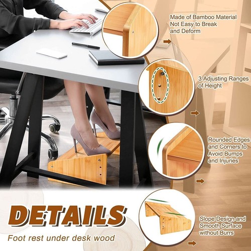 Home Office Bamboo Under Desk Footrest Adjustable Height Wooden Foot Rest Stool - Picture 12 of 84