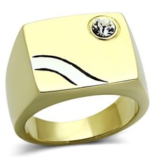 Mens gold ring two tone solitaire signet pinky ring cubic zirconia steel