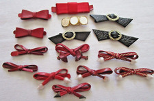 Small Vintage Hair Bows 5 Pair 5 Singles; Dark Red Leather, Black Shoe Clips