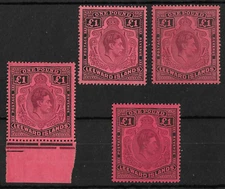 Leewards 1938-51 GVI £1 Keyplate Shades Perf 14 MNH (4v)