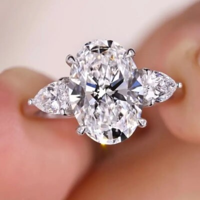 2.50Ct Oval Cut VVS1 Moissanite 3-Stone Engagement Ring 14K White Gold Plated
