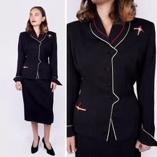 Vintage 1950s Lilli Ann Black Skirt Suit, Fitted Jacket w/ Star Cutouts S/M