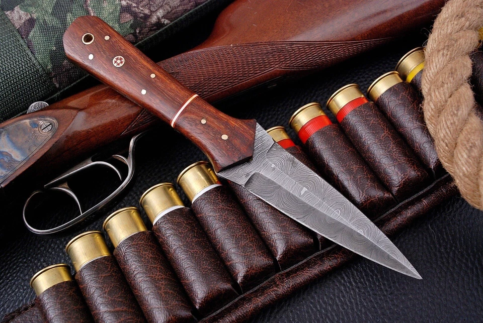 Cuchillo de bota daga de acero militar Damasco V42 doble filo mango de madera-74 Foto 2 de 4