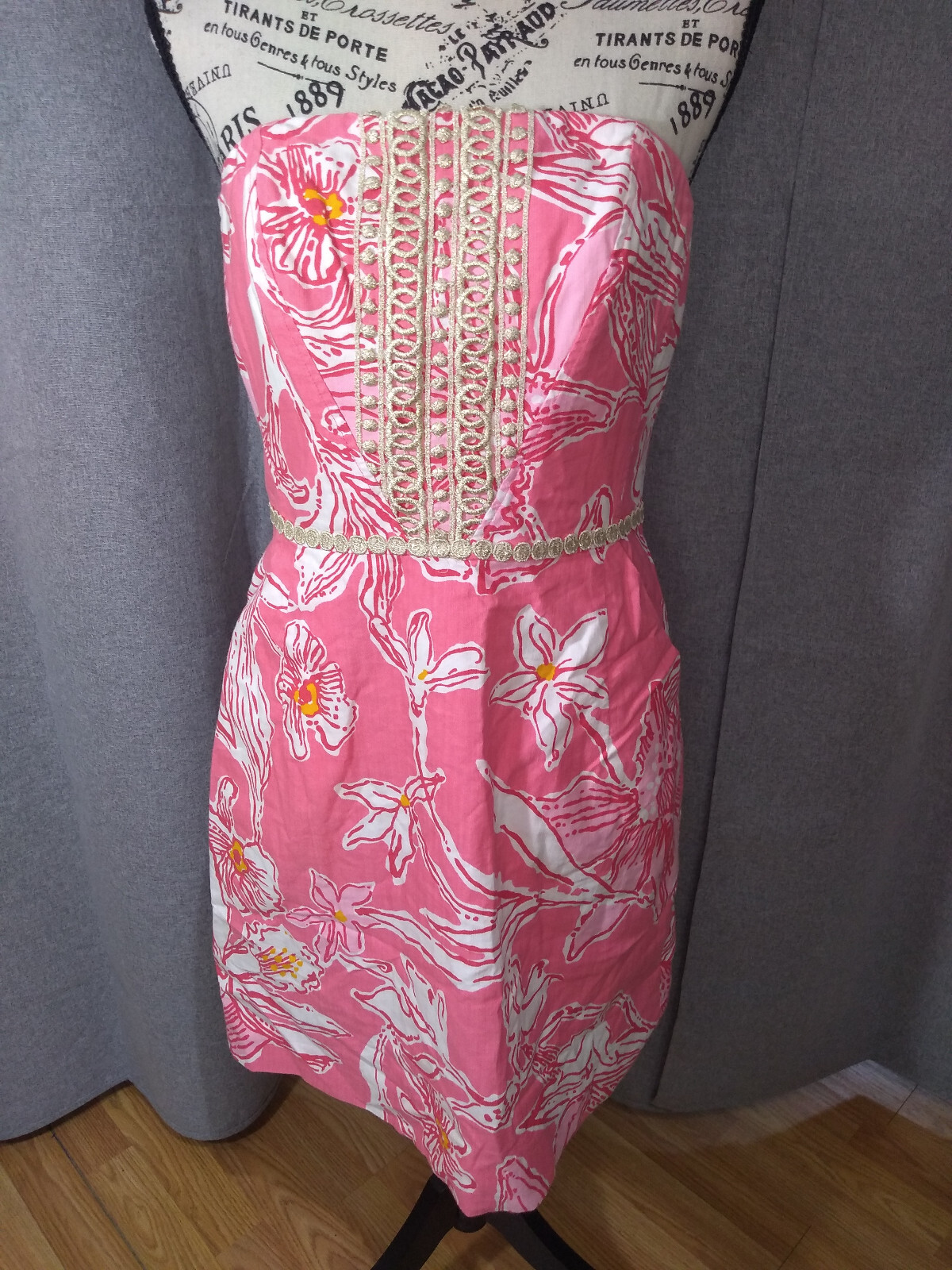 LILLY PULITZER BLOOMY PINK & GOLD STRAPLESS DRESS SZ 8