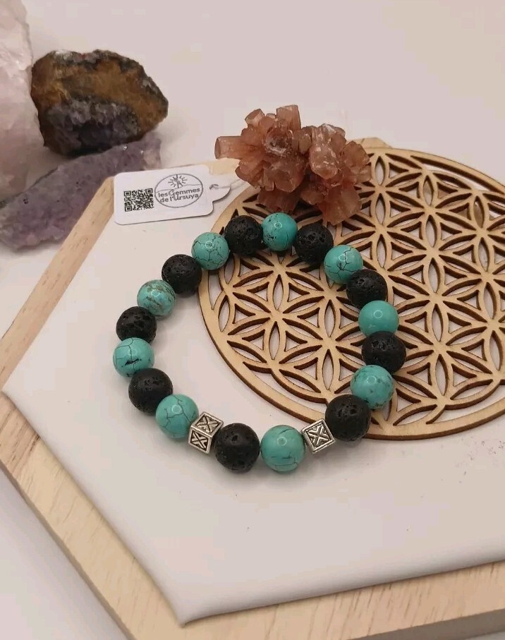 Cadeau Idéal Bracelet Pierre Howlite Turquoise et Pierre de Lave 10mm avec Écrin