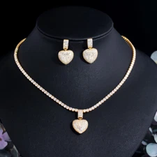 Top CZ Brazilian Gold Square Heart Necklace Earring Jewelry Set for Lady Pageant