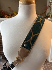 The "Brighton Evergreen" Camera Strap: Ornate Teal Tapestry, Tan Leather Ends