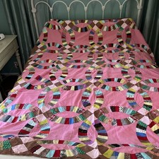 Vtg Handmade Quilt Top DOUBLE WEDDING RING 66 X84 Cottage Farmhouse VGC Hot Pink