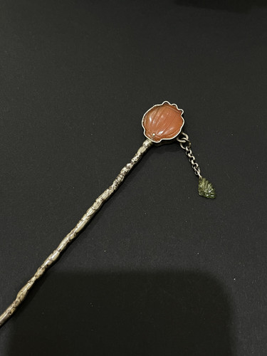 Red Agate Sterling Silver Hairstick with Green Tourmaline Butterfly Design