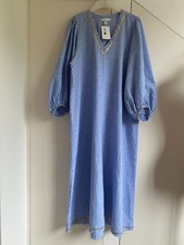 H&M Blue Stripe Linen Blend Long Kaftan Dress with Gold Ric Rac trim size S BNWT