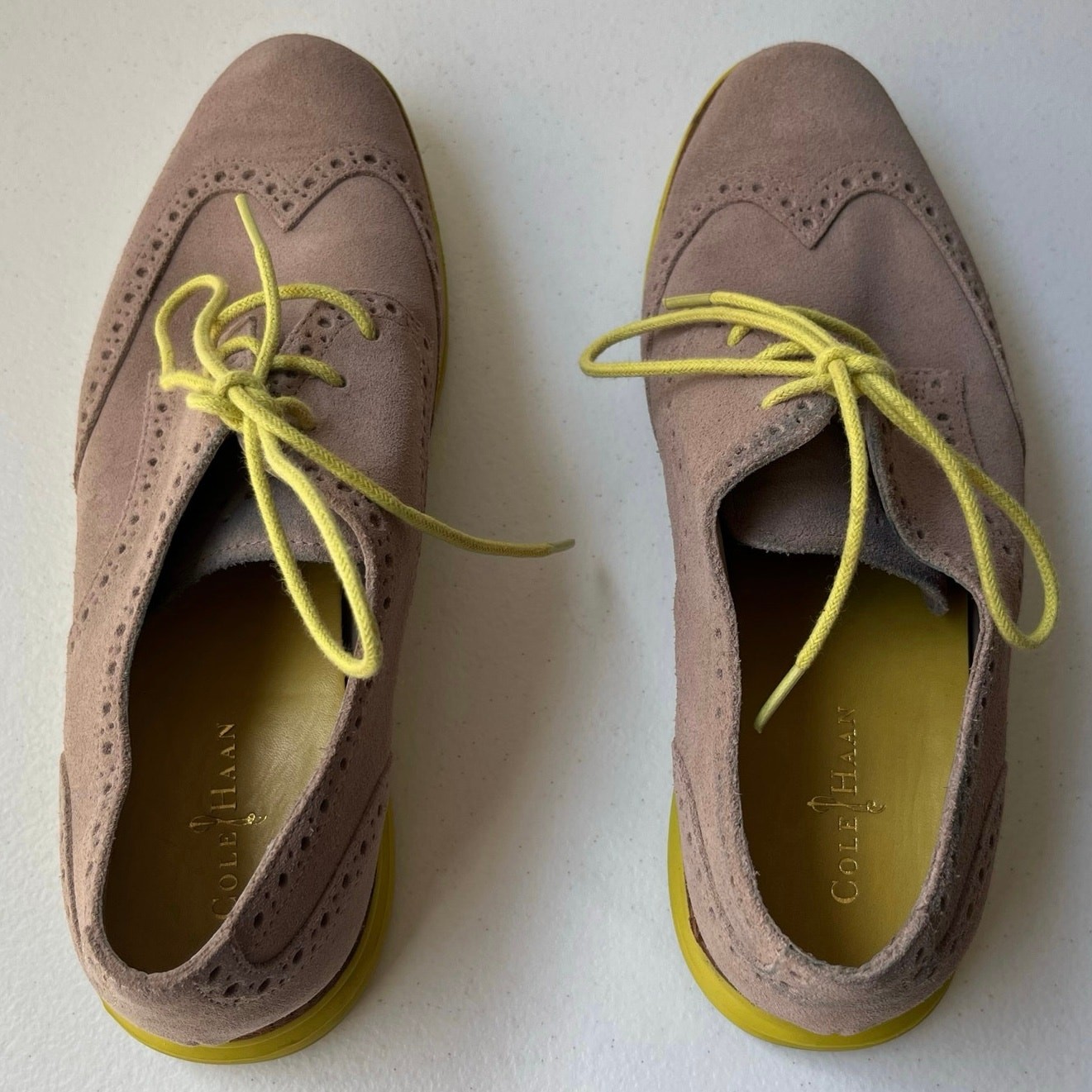 Cole Haan Alisa Lunargrand Wingtip Oxfords Women's 7.5 Tan Neon Suede Preppy