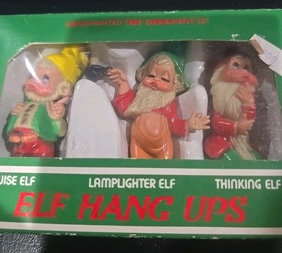 Vintage 1970 ELF HANG UPS Set Of 3 Hand Painted Ornaments Christmas Holiday