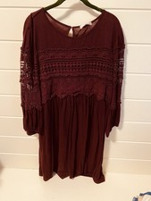 JohnPaulRichard Burgundy Lace Long Sleeve Knee Length A-Line Dress Crew Neck