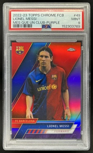 2022-23 Topps Chrome FC Barcelona Lionel Messi Mes Que Un Club Purple #/15 PSA 9