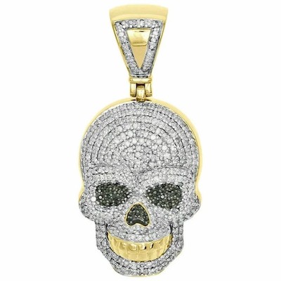Herren 3 kt Rundschliff echter Moissanit Schädel Kopf Anhänger 14 K Gelbgold Oberfläche