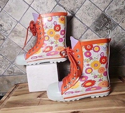 Avon Lace Up Floral Rain Boots Welly Rubbe Floral Girls US Size 11 Yellow Orange