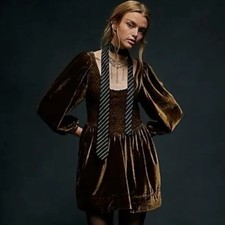 Free People Farrier Velvet Mini Dress in Brown Bear Size Medium Holidays Witchy