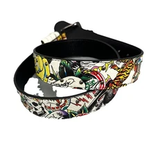 Ed Hardy Men's Skull Tiger Panther Print Belt With Hammered Rivet Studs SZ 42 NW