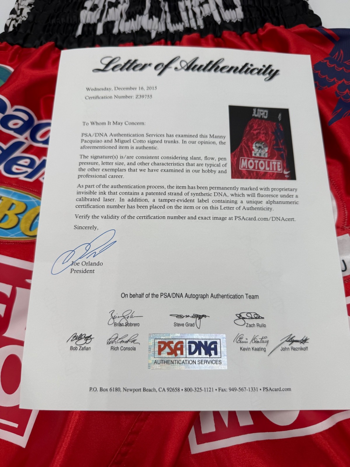 Manny Pacquiao and Miguel Cotto Autographed Boxing Trunks PSA/DNA Authenticated view 10
