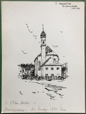 Kirche St. Leonhard in Dietramszell   Original-Tusche-Zeichnung, Bauer-Oltsch