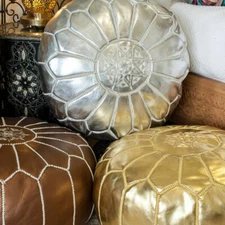 Handmade Moroccan Pouf, Authentic Leather, Hand-stitched Ottoman, Brown