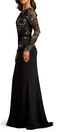 Tadashi Shoji Black Silver Floral Lace Embroidery Long Sleeve Gown Size 4 $478 - Image 2 of 4