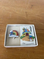 Smurf Brooch Pin by Peyo Sitting on Cloud w/ Rainbow Vintage 1980 Cloisonné New