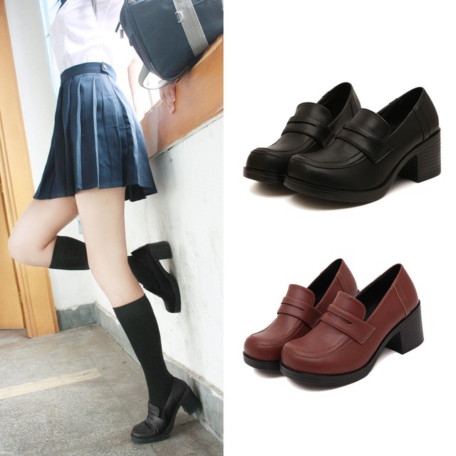 Cosplay Womens Japanese School Girls Leather Block High Heels Shoes