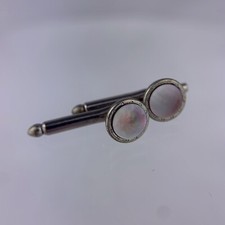 Black MOP Pearl Silver Tone Tuxedo Shirt Stud Round Decorative Edge Vintage