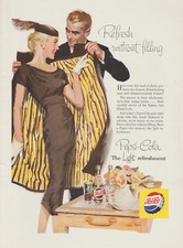 1956 Pepsi-Cola - Gentleman Helps Lady With Coat Feather Hat Girl - Print Ad Art