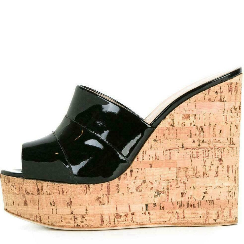 Plus Womens Cork Wedge High Platform Slide Sandals High Heels Mules Black  Silver | eBay