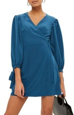 Topshop 156794 Women's Tie Cuff Wrap Mini Dress 3/4 Sleeve Blue Sz. 6 US