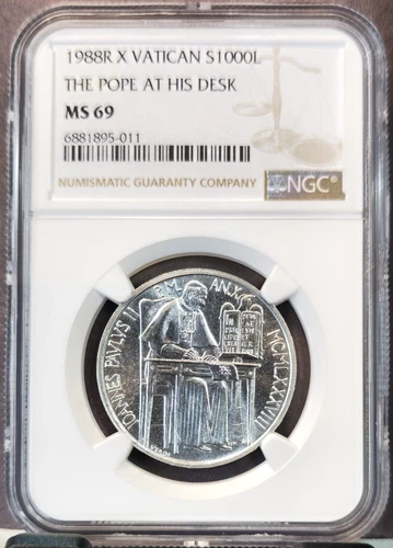 1988 VATICAN SILVER 1000 LIRE POPE AT HIS DESK NGC MS 69 RARE TOP POP