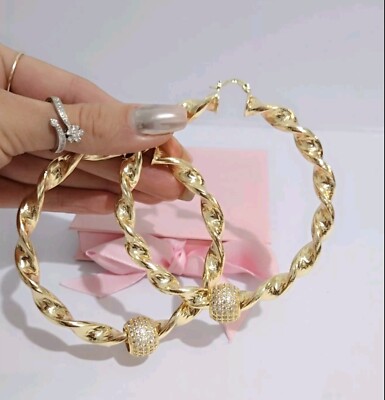  XL Grobe 80mm Gold Twist Creolen mit Kristallkugeln 9kt Gold Gilded 