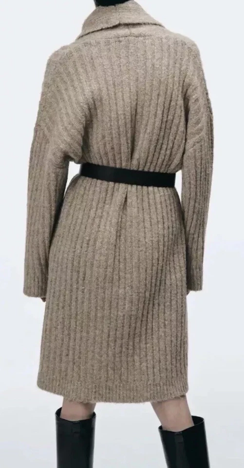 ZARA BEIGE OVERSIZED RIBBED KNIT COAT LONG CARDIGAN SIZE S - Image 3 of 3