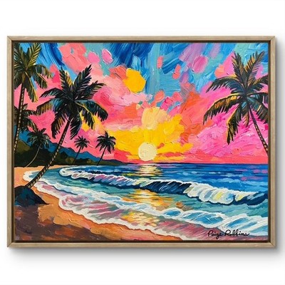 Colorful Tropical Beach Sunset Acrylic Painting 20x16 Palm Trees