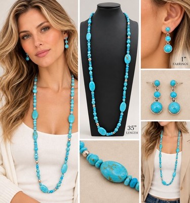 Carolyn Pollack Turquoise Beaded 35  Long Necklace & Matching Drop Earrings Set
