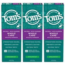 Whole Care Natural Toothpaste with Fluoride, Spearmint, 4 Ounce (Pack of 3), ...