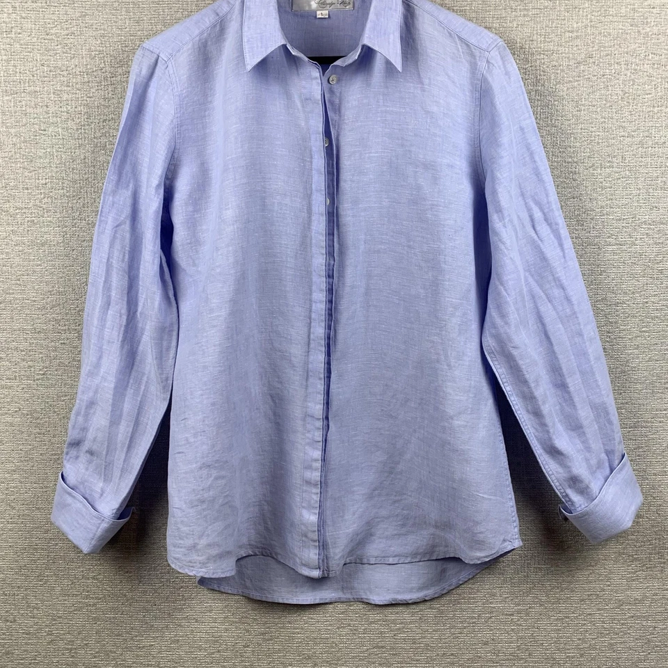 Camisa Claridge + King Mujer Grande Azul Lino Abotonada Manga Larga Clásica Mamá Foto 3 de 4